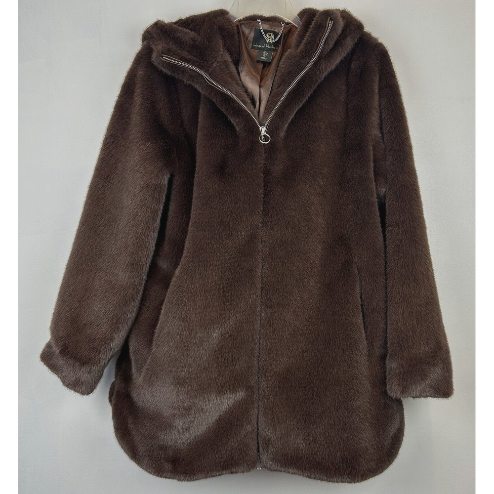 House Of Harlow 1960 Coat Womens Large Brown Faux Fur Hooded Quiet Luxury